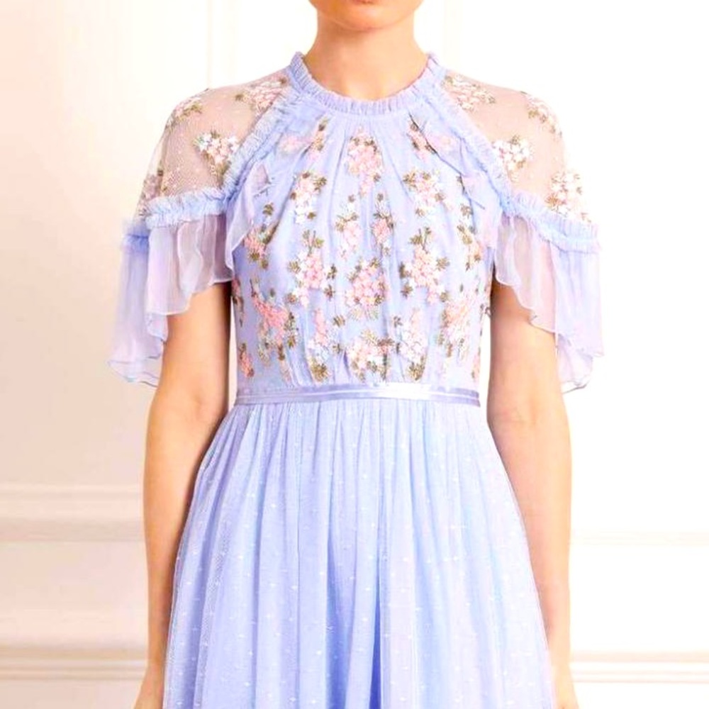 Needle & Thread Dress Blue Floral Bouquet Bodice Ankle Gown Tulle Rosette Dress